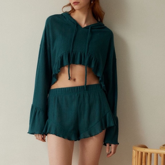 Urban Outfitters Tops - SET Out From Under Lizzie Hooded Long Sleeve Top - M & Ruffle Short - S